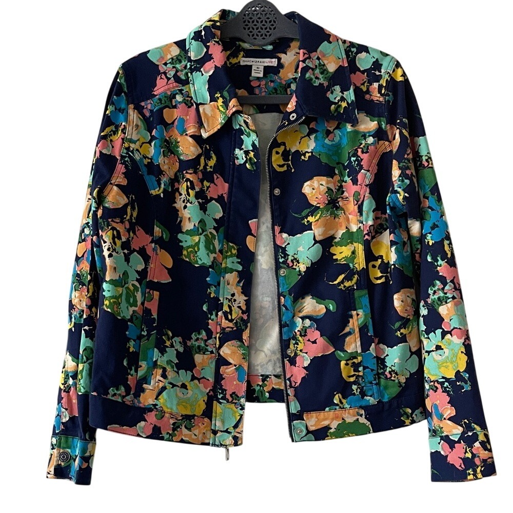 Isaac Mizrahi Live Navy Floral Zip-Front Jacket 10